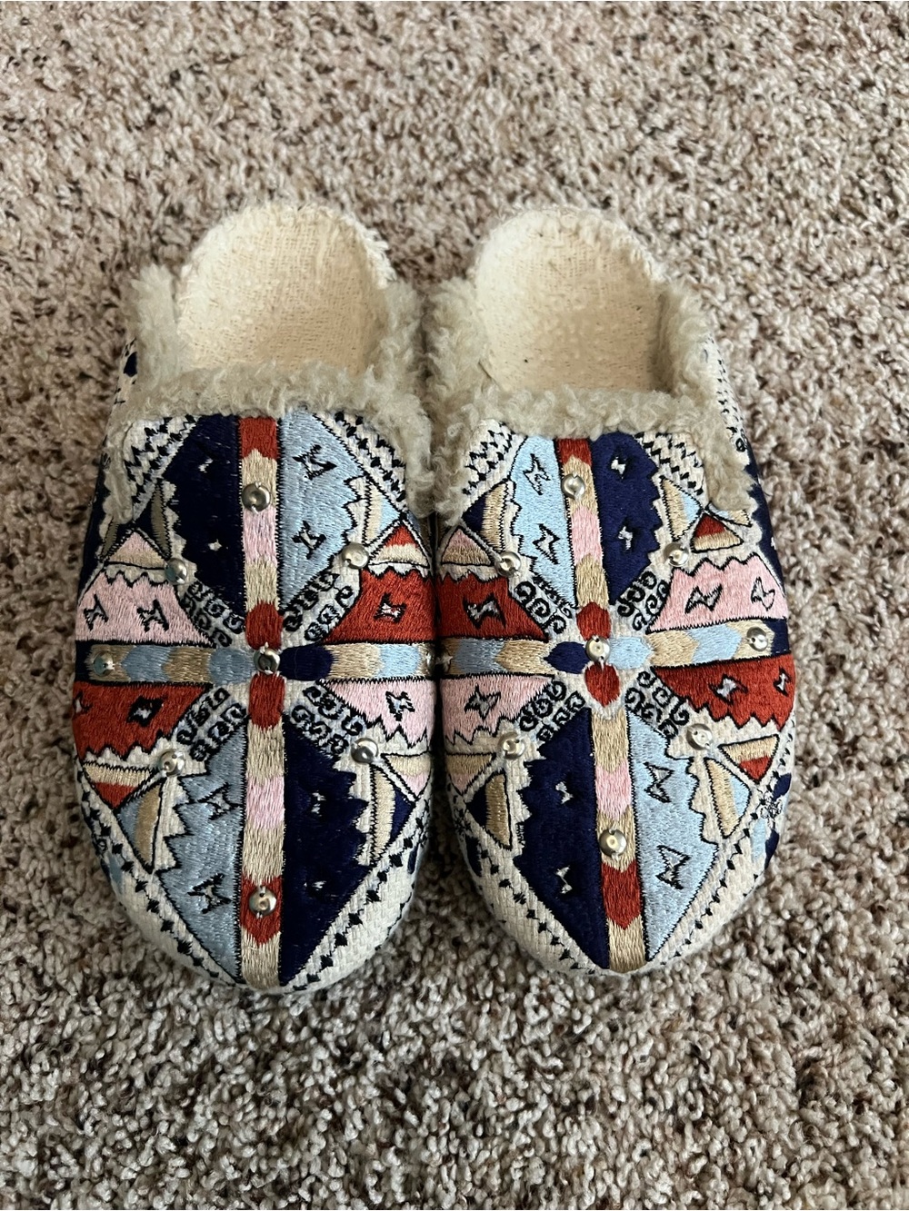 Free People Embroidered Slip-On Clogs in Navy, Red, Pink & Cream